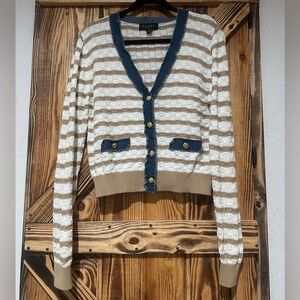 Laundry by Shelli Segal tan white denim button up long sleeve cardigan Large